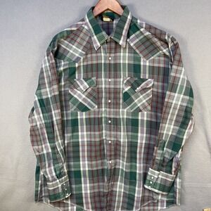 VTG Holt Pearl Snap Western Shirt Men's Large Green Plaid Rodeo Made in USA